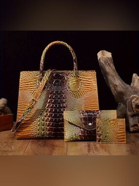 Croc-Embossed Leather Tote with matching wallet and card holder Brown-Gold NWT